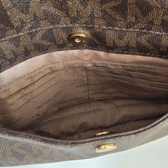 Michael Kors Jet Set Monogram Coated Canvas Tote LG Brown/Tan Front Snap Pocket - Picture 2 of 16